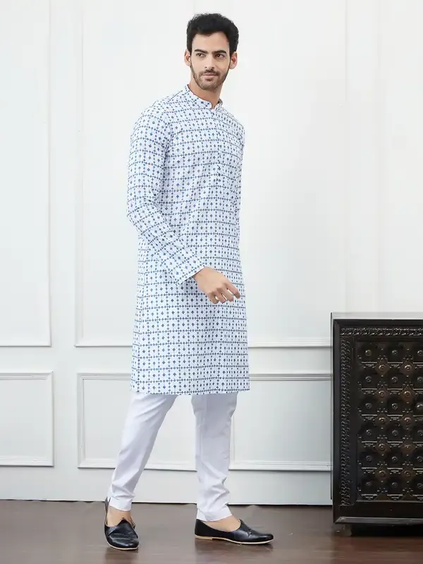 Men_White_And_Blue_Chikankari_Embroidered_Cotton_Kurta_Set