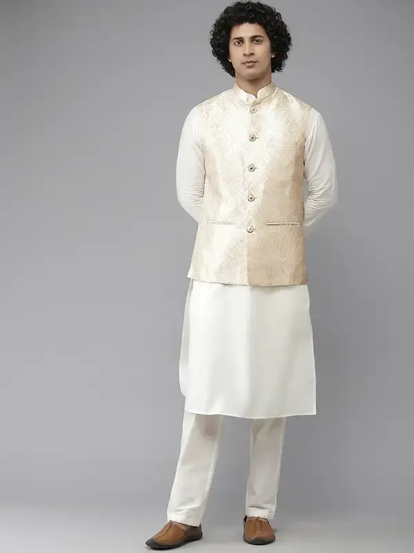 Men_Gold_&_White_Solid_Kurta_Pyjamas_With_Nehru_Jacket