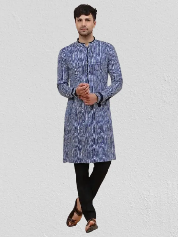 Men_Blue_And_White_Strip_Printed_Kurta