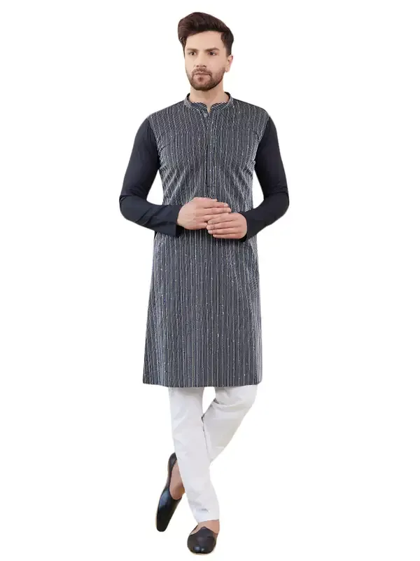 Black_Sequins_And_Thread_Worked_Cotton_Straight_Kurta_With_Pyjama