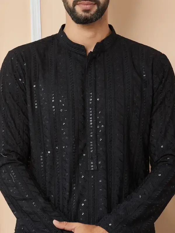 Black_Sequins_Embroidered_Chikankari_Pure_Cotton_Straight_Kurta_With_Pyjama