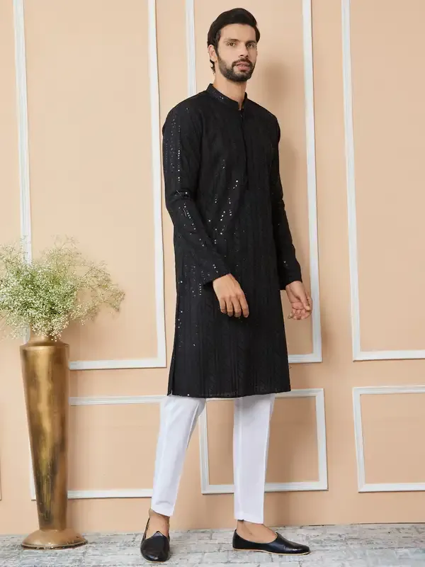 Black_Sequins_Embroidered_Chikankari_Pure_Cotton_Straight_Kurta_With_Pyjama