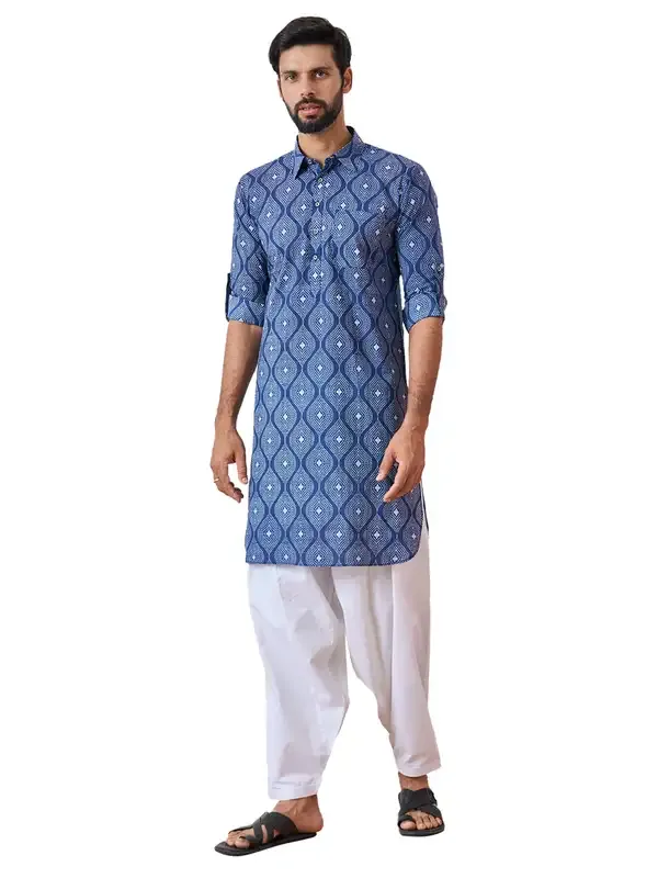 Men_Indigo_Regular_Pure_Cotton_Pathani_Kurta_With_White_Salwar