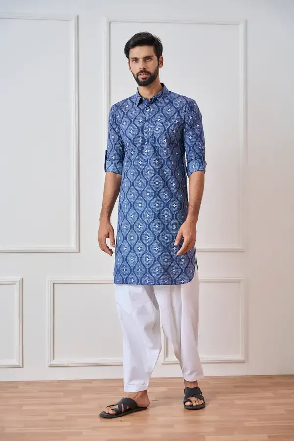 Men_Indigo_Regular_Pure_Cotton_Pathani_Kurta_With_White_Salwar