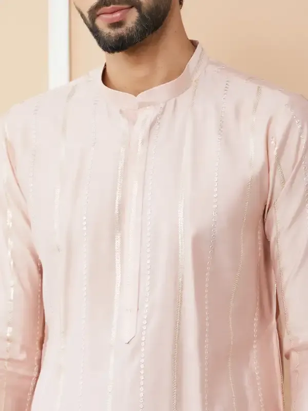 Light_Pink_Sequins_Embroidered_Pure_Chanderi_Silk_Straight_Kurta_With_Pyjama