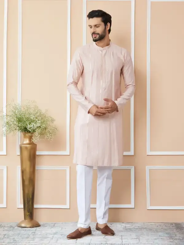Light_Pink_Sequins_Embroidered_Pure_Chanderi_Silk_Straight_Kurta_With_Pyjama