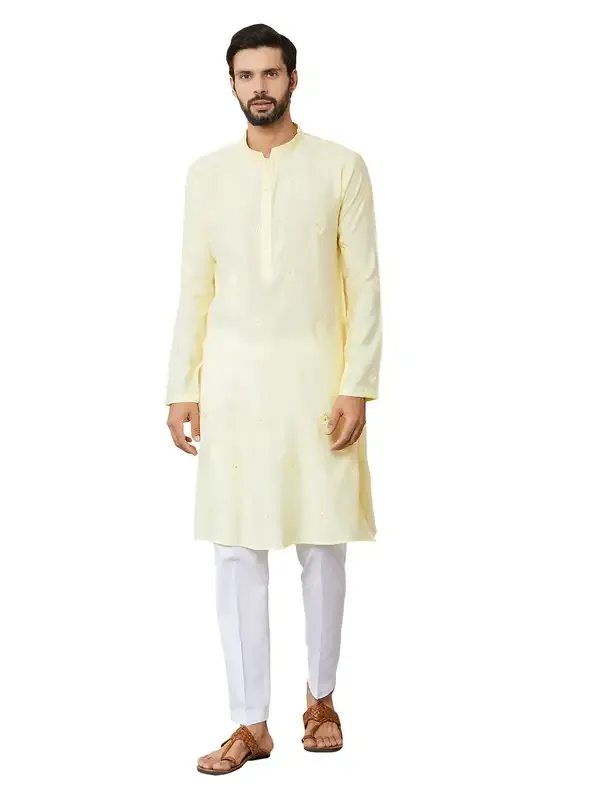 Light_Yellow_Embroidered_Pure_Chanderi_Silk_Straight_Kurta_With_Pyjama