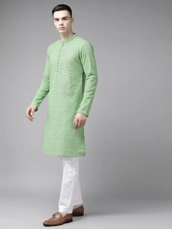 Men_Green_Pure_Cotton_Chikankari_Embroidered_Straight_Kurta_With_Pyjama