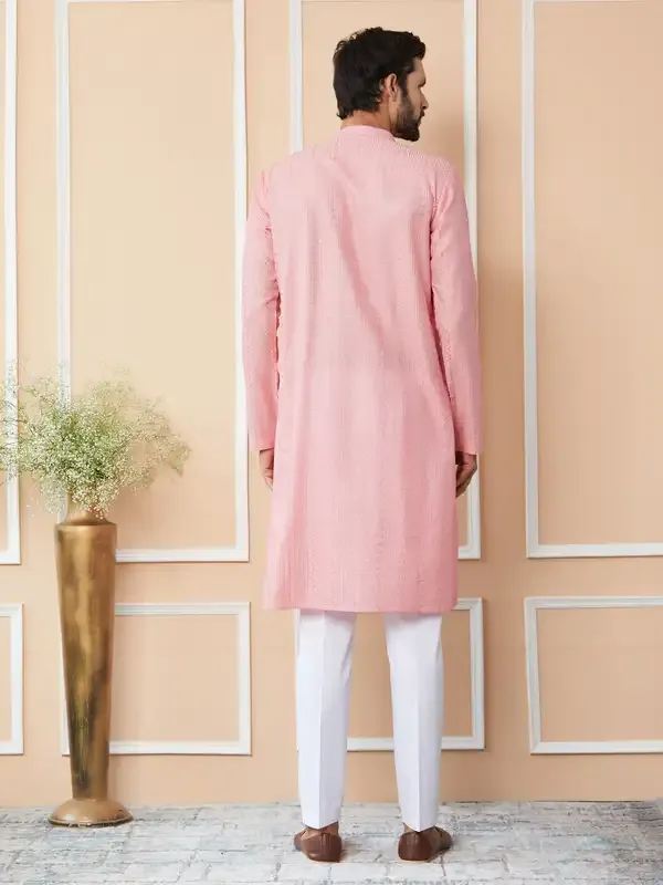 Pink_Embroidered_Thread_Work_Sequinned_Chanderi_Silk_Straight_Kurta_With_Pyjama