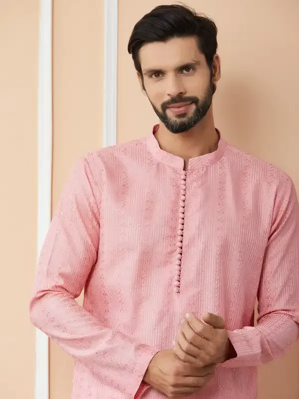 Pink_Embroidered_Thread_Work_Sequinned_Chanderi_Silk_Straight_Kurta_With_Pyjama