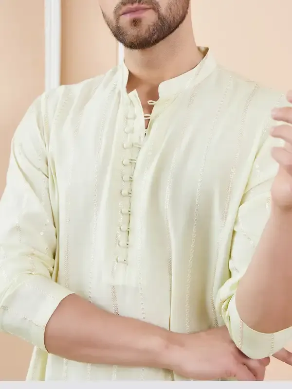 Men_Cream_And_Gold_Chanderi_Silk_Sequins_Kurta_With_Pyjama
