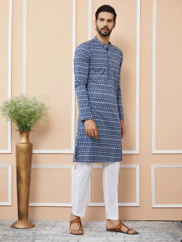 Blue_Printed_Pure_Cotton_Straight_Kurta_With_Pyjama