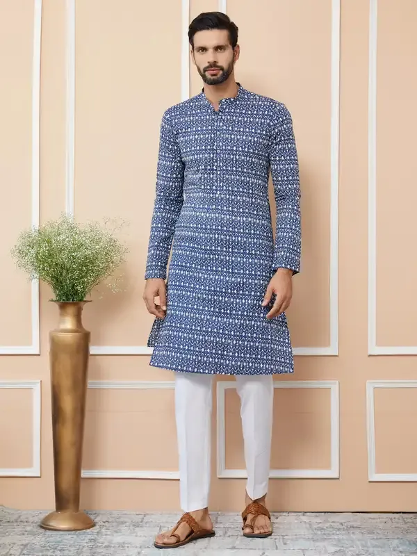 Blue_Printed_Pure_Cotton_Straight_Kurta_With_Pyjama