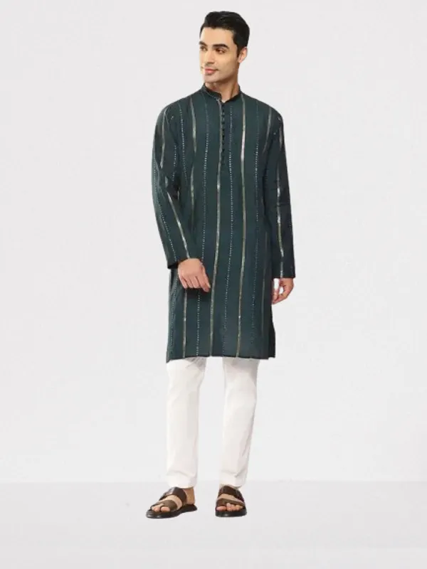 Men_Teal_And_Gold_Chanderi_Silk_Sequins_Kurta_With_Pyjama