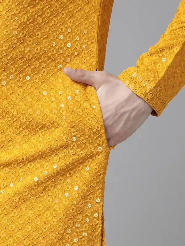 Men_Mustard_Floral_Embroidered_Sequined_Rayon_Kurta_With_Pyjama
