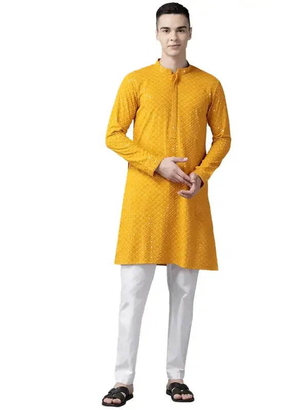 Men_Mustard_Floral_Embroidered_Sequined_Rayon_Kurta_With_Pyjama