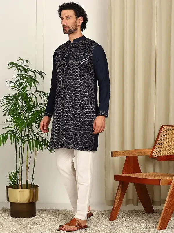 Navy_Blue_Sequin_Embroidered_Mandarin_Collar_Straight_Kurta_With_Pyjama