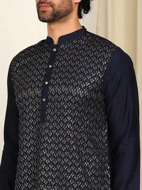 Navy_Blue_Sequin_Embroidered_Mandarin_Collar_Straight_Kurta_With_Pyjama