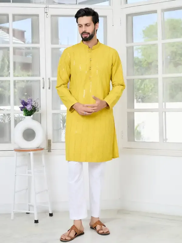Yellow_Embroidered_Thread_Work_Sequinned_Rayon_Straight_Kurta