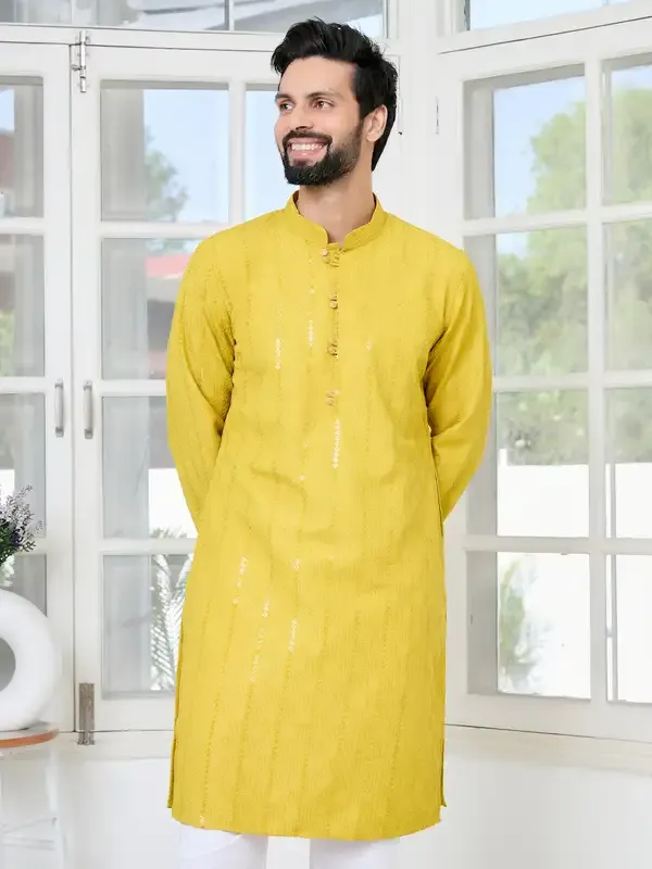Yellow_Embroidered_Thread_Work_Sequinned_Rayon_Straight_Kurta