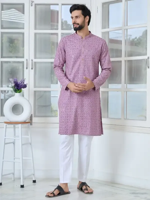 Men_Purple-Pink_Embroidered_Straight_Kurta_With_Pyjama