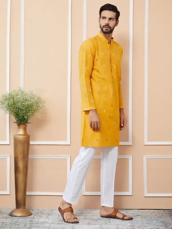 Mustard_Cotton_Handloom_Motifs_Straight_Kurta_With_Pyjama
