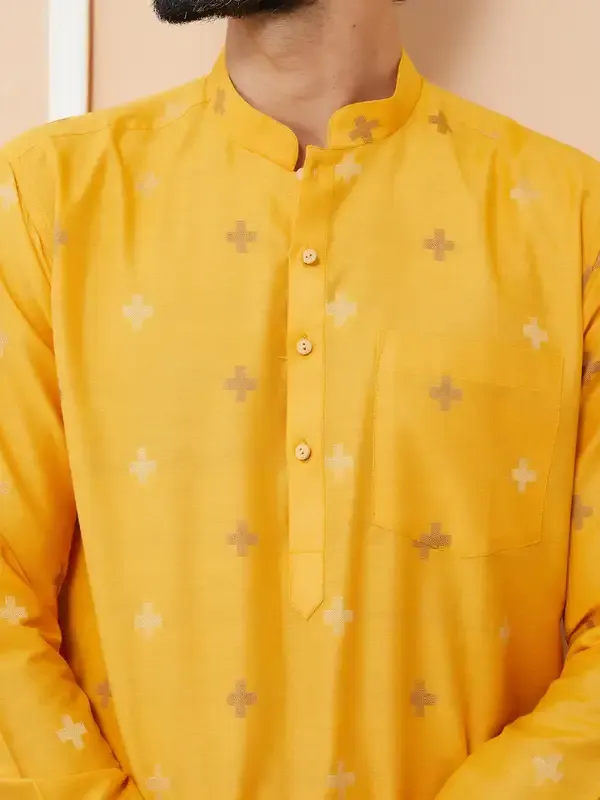 Mustard_Cotton_Handloom_Motifs_Straight_Kurta_With_Pyjama
