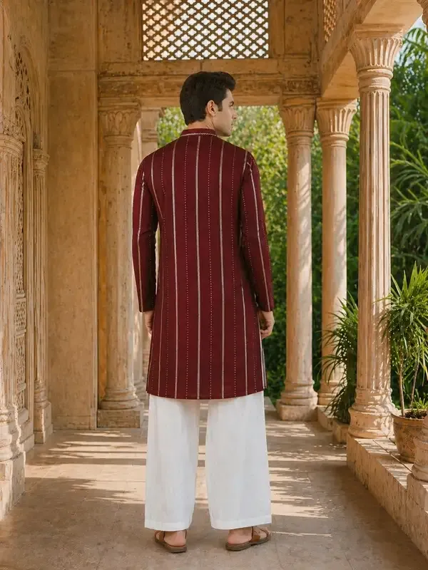 Maroon_Sequins_Embroidered_Pure_Chanderi_Silk_Straight_Kurta_With_Flared_Pyjama