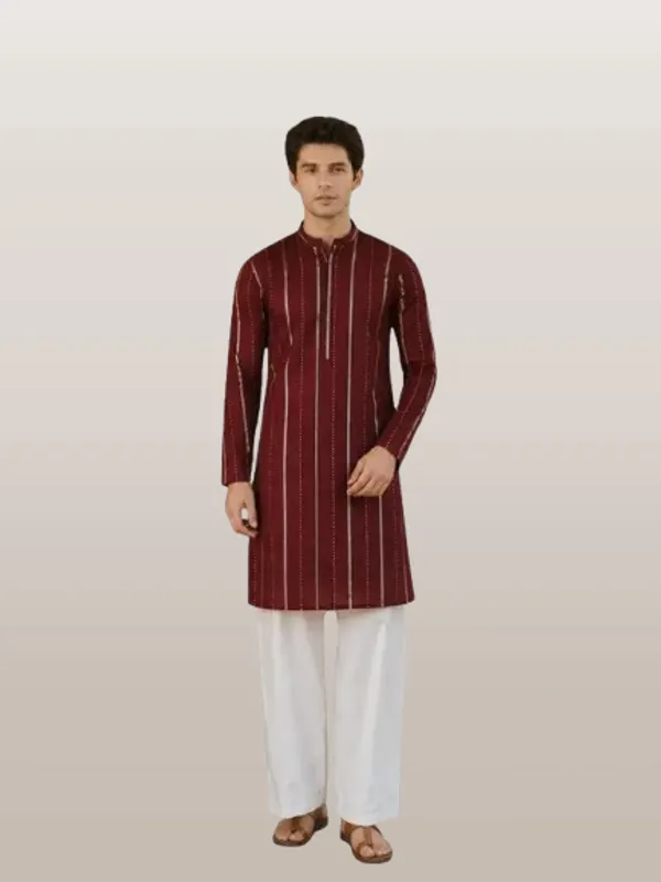 Maroon_Sequins_Embroidered_Pure_Chanderi_Silk_Straight_Kurta_With_Flared_Pyjama