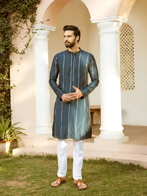 Men_Teal_And_Gold_Chanderi_Silk_Sequins_Kurta_With_Pyjama