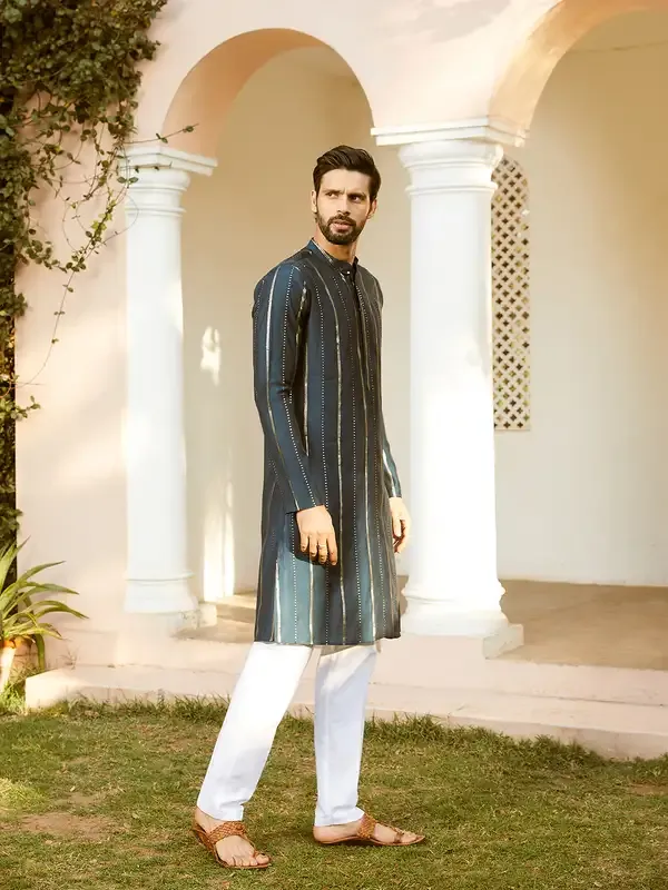 Men_Teal_And_Gold_Chanderi_Silk_Sequins_Kurta_With_Pyjama