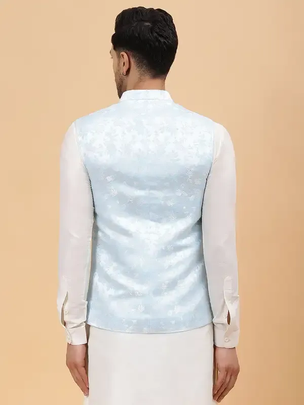 Men_Off_White_Kurta_Pajama_&_Turquoise_Blue_Woven_Design_Jacquard_Nehru_Jacket