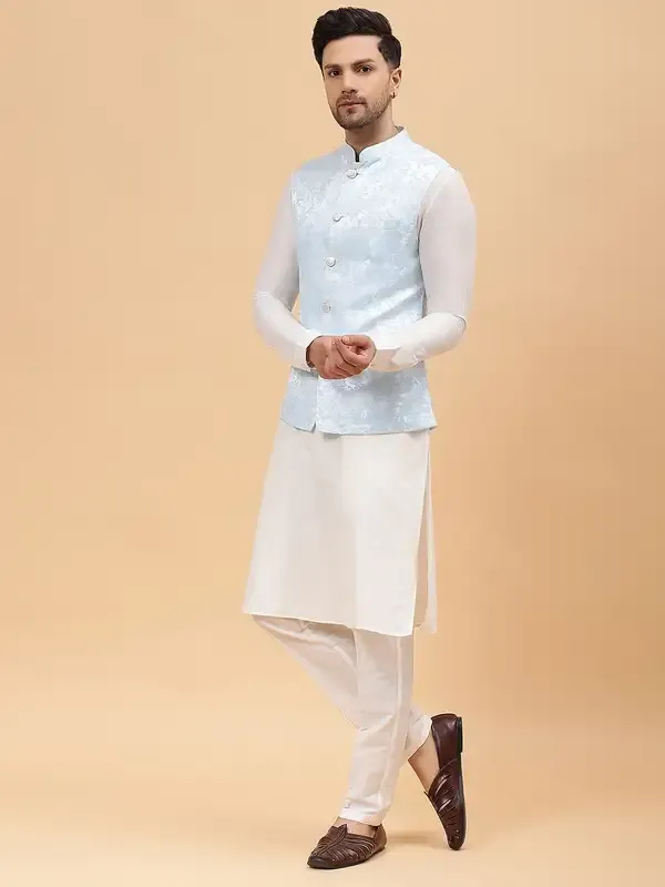 Men_Off_White_Kurta_Pajama_&_Turquoise_Blue_Woven_Design_Jacquard_Nehru_Jacket