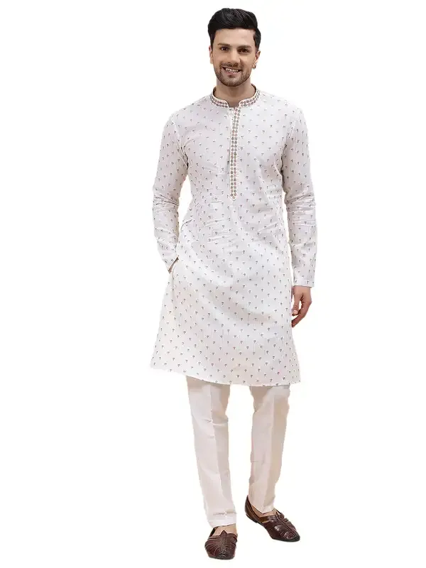 Men_Off_White_&_Multi_Color_Pure_Cotton_Embroidered_Staright_Kurta_With_Pajama