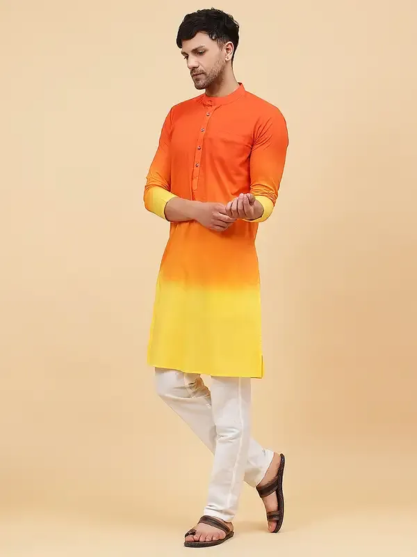 Men_Orange_And_Yellow_Ombre_Dyed_Pure_Cotton_Kurta_With_White_Pajama