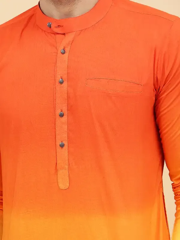 Men_Orange_And_Yellow_Ombre_Dyed_Pure_Cotton_Kurta_With_White_Pajama