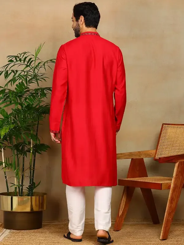 Red_Thread_Embroidered_Viscose_Straight_Kurta_With_Pyjama