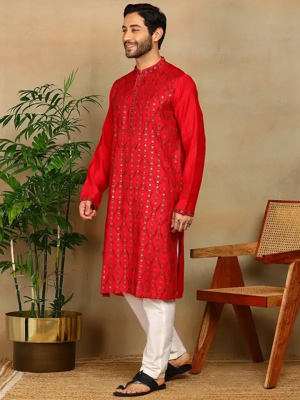 Red_Thread_Embroidered_Viscose_Straight_Kurta_With_Pyjama