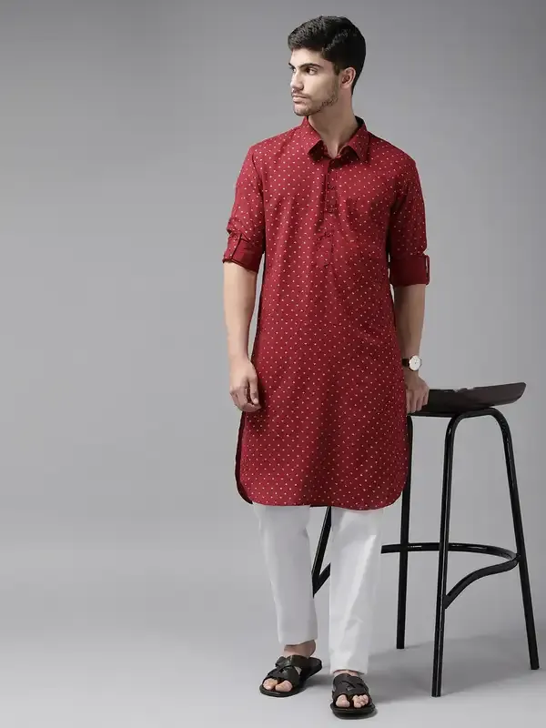 Men_Maroon_Regular_Pure_Cotton_Pathani_Printed_Men'S_Kurta_With_White_Salwar