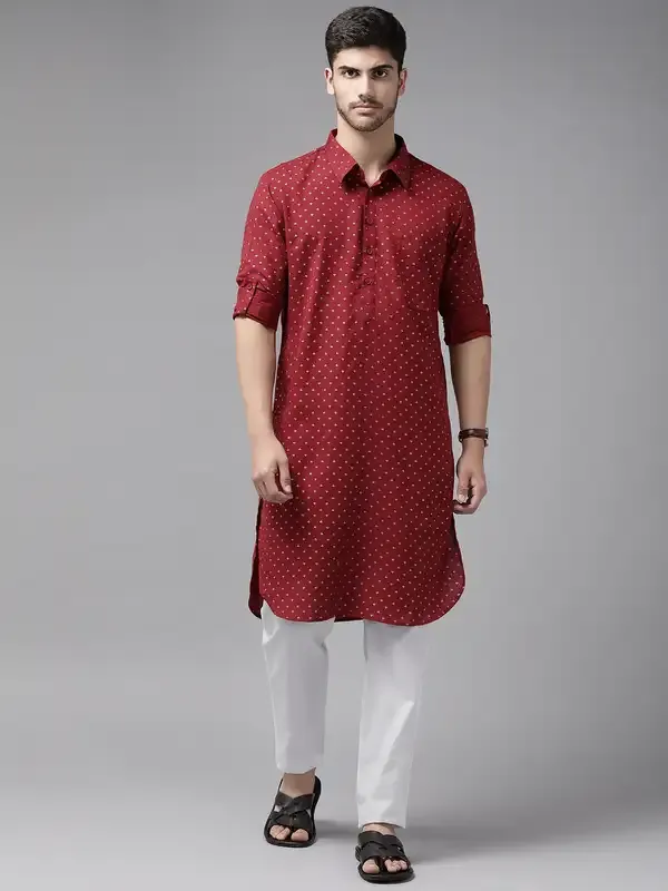 Men_Maroon_Regular_Pure_Cotton_Pathani_Printed_Men'S_Kurta_With_White_Salwar