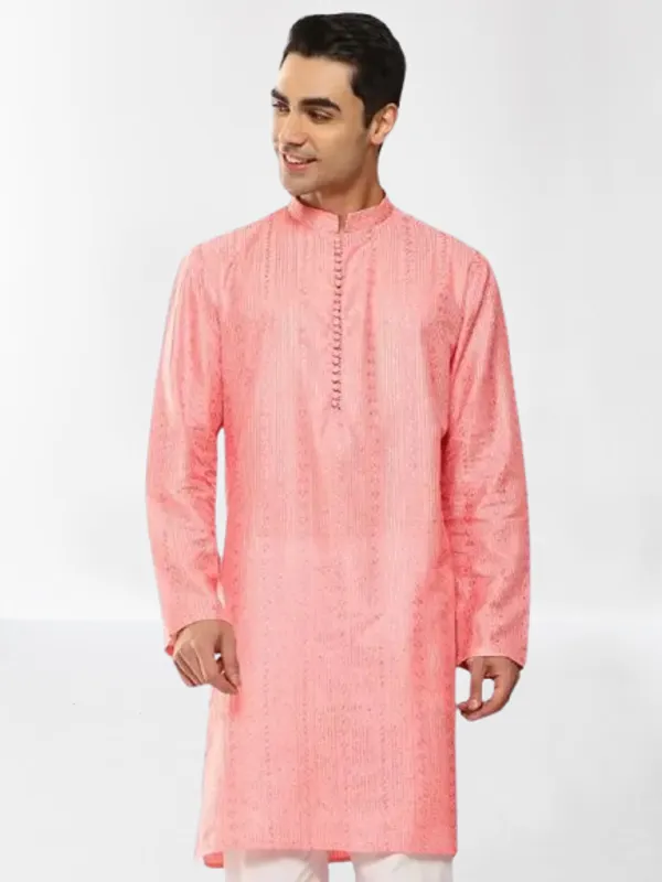 Men_Pink_Embroidered_Thread_Work_Sequinned_Chanderi_Silk_Straight_Kurta_With_Pyjama