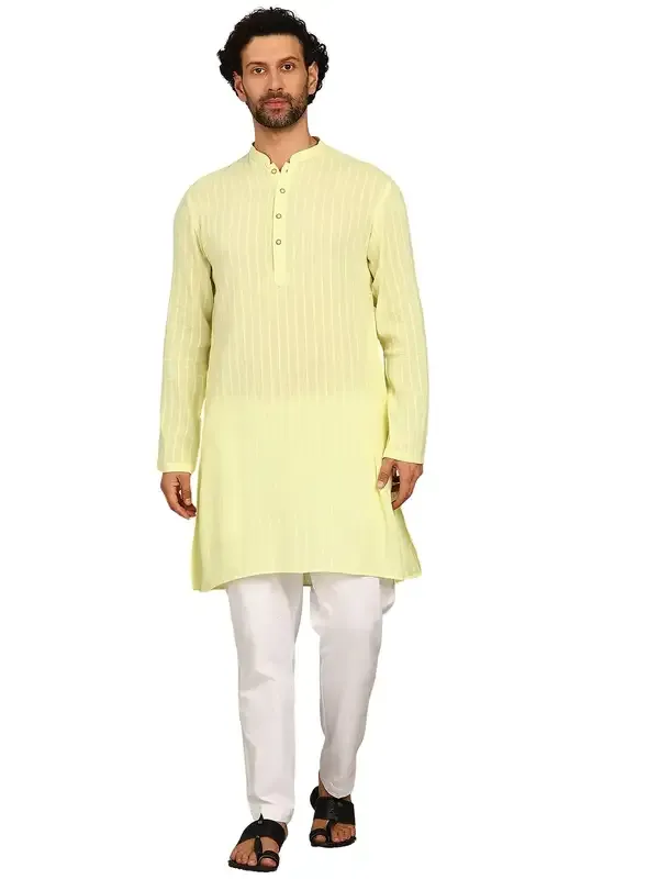 Lime_Woven_Striped_Straight_Kurta_With_Pyjama