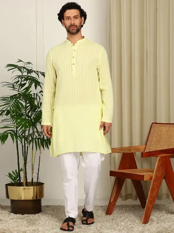 Lime_Woven_Striped_Straight_Kurta_With_Pyjama