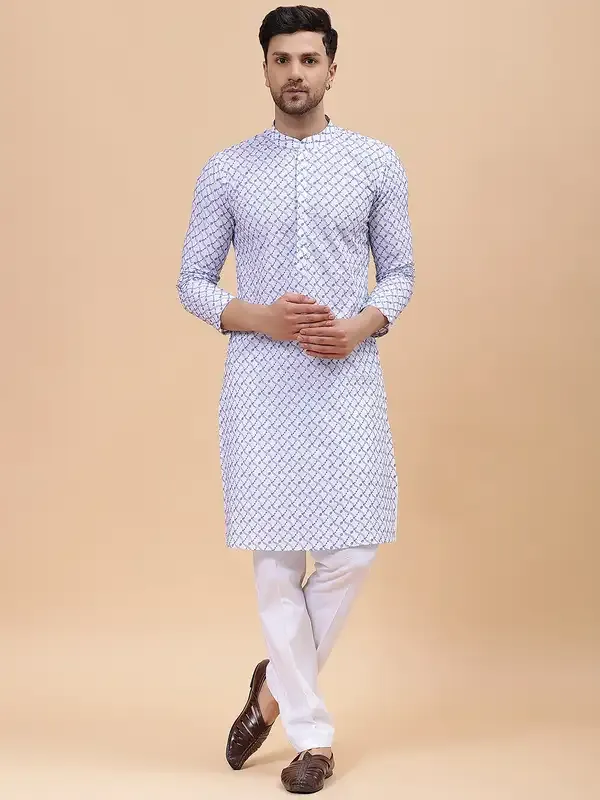 Men_White_&_Blue_Pure_Cotton_Embroidered_Staright_Kurta_With_Pajama