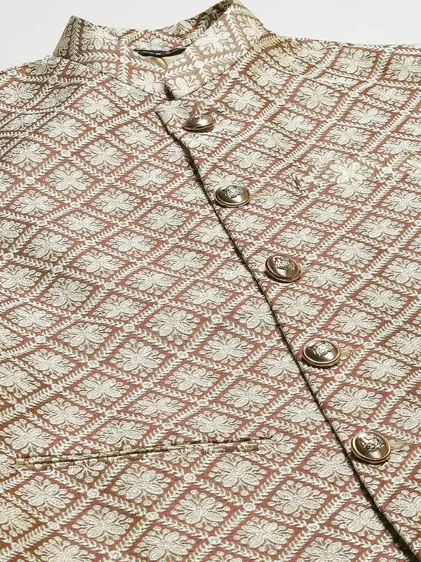 Men_Gold_&_White_Solid_Kurta_Pyjamas_With_Nehru_Jacket