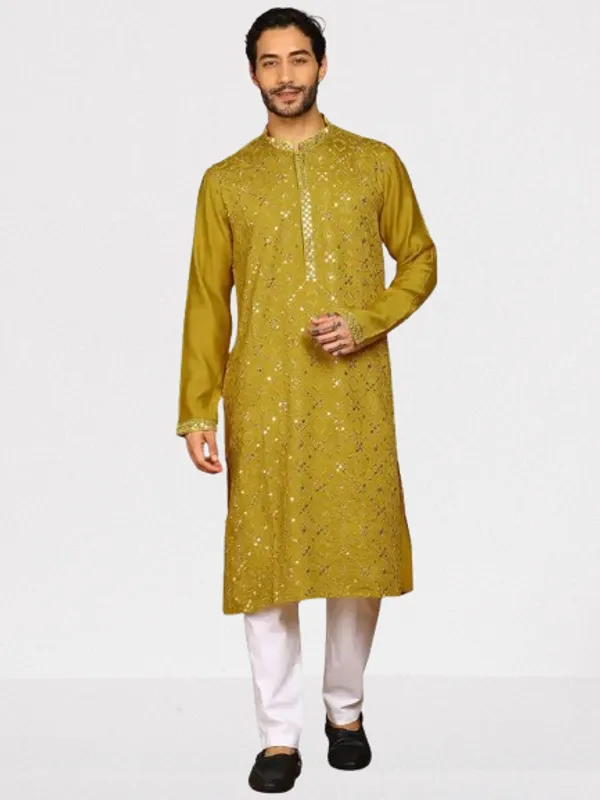 Mustard_Sequins_Embroidered_Viscose_Straight_Kurta_With_Pyjama