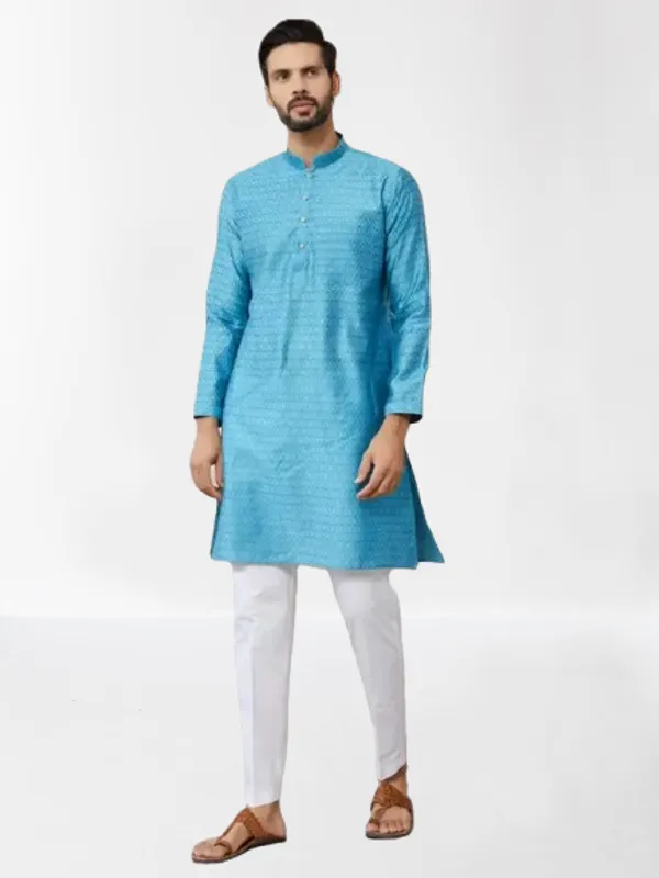 Light_Blue_Ethnic_Motifs_Silk_Jacquard_Woven_Design_Straight_Kurta_With_Pyjama