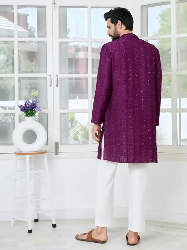 Purple_Embroidered_Thread_Work_Sequinned_Chanderi_Silk_Straight_Kurta_With_Pyjama
