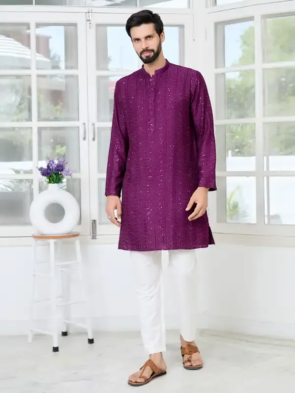 Purple_Embroidered_Thread_Work_Sequinned_Chanderi_Silk_Straight_Kurta_With_Pyjama
