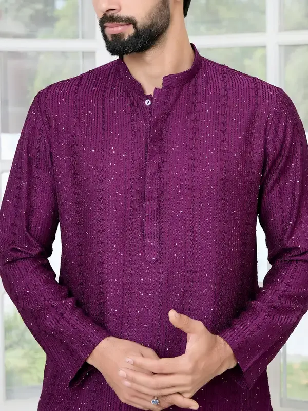 Purple_Embroidered_Thread_Work_Sequinned_Chanderi_Silk_Straight_Kurta_With_Pyjama